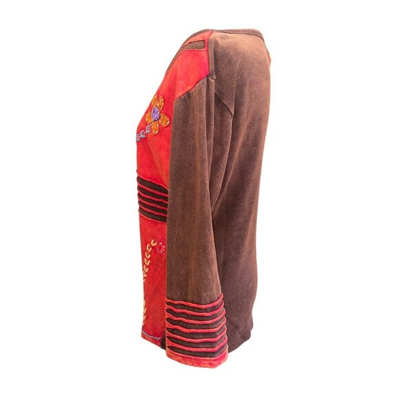 Boho Rising International Red Brown Embroider Tunic Top Floral Hippie Artsy Boho - Picture 3 of 9